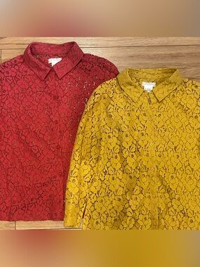 Cooperative 2 Lace Button-Down Shirts small one red one yellow mustard